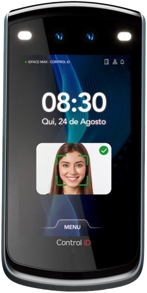 Terminal de reconhecimento facial iDFace Max instalado na entrada
